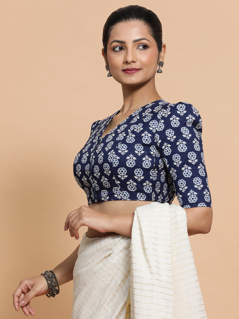 Ujwala x Rozaana | Elbow Sleeves Cotton Saree Blouse in Indigo Blue Flower Block Print Fabric-Binks