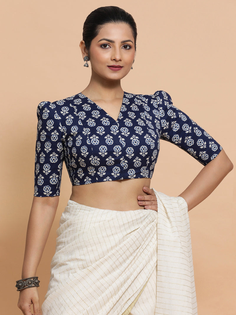 Ujwala x Rozaana | Elbow Sleeves Cotton Saree Blouse in Indigo Blue Flower Block Print Fabric-Binks