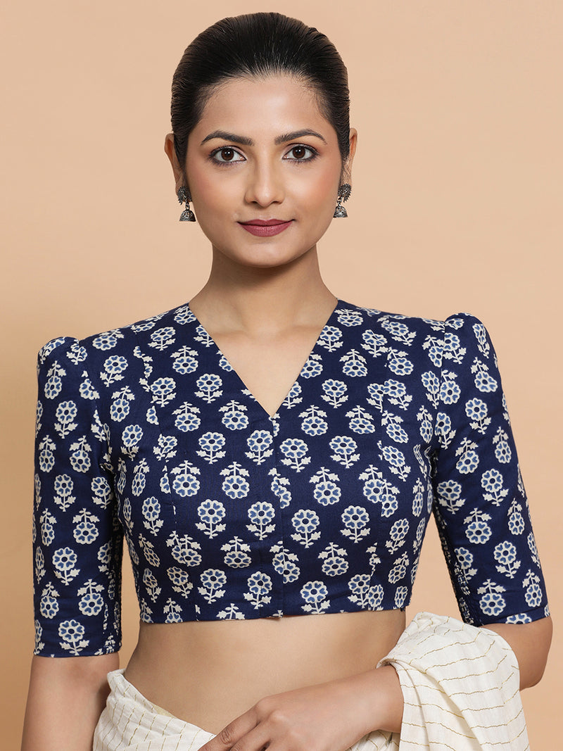 Ujwala x Rozaana | Elbow Sleeves Cotton Saree Blouse in Indigo Blue Flower Block Print Fabric-Binks