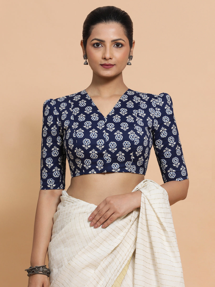 Ujwala x Rozaana Saree Blouse, in Blue Cotton, featuring elbow sleeves and v-neckline, made for daily & work (view 8).