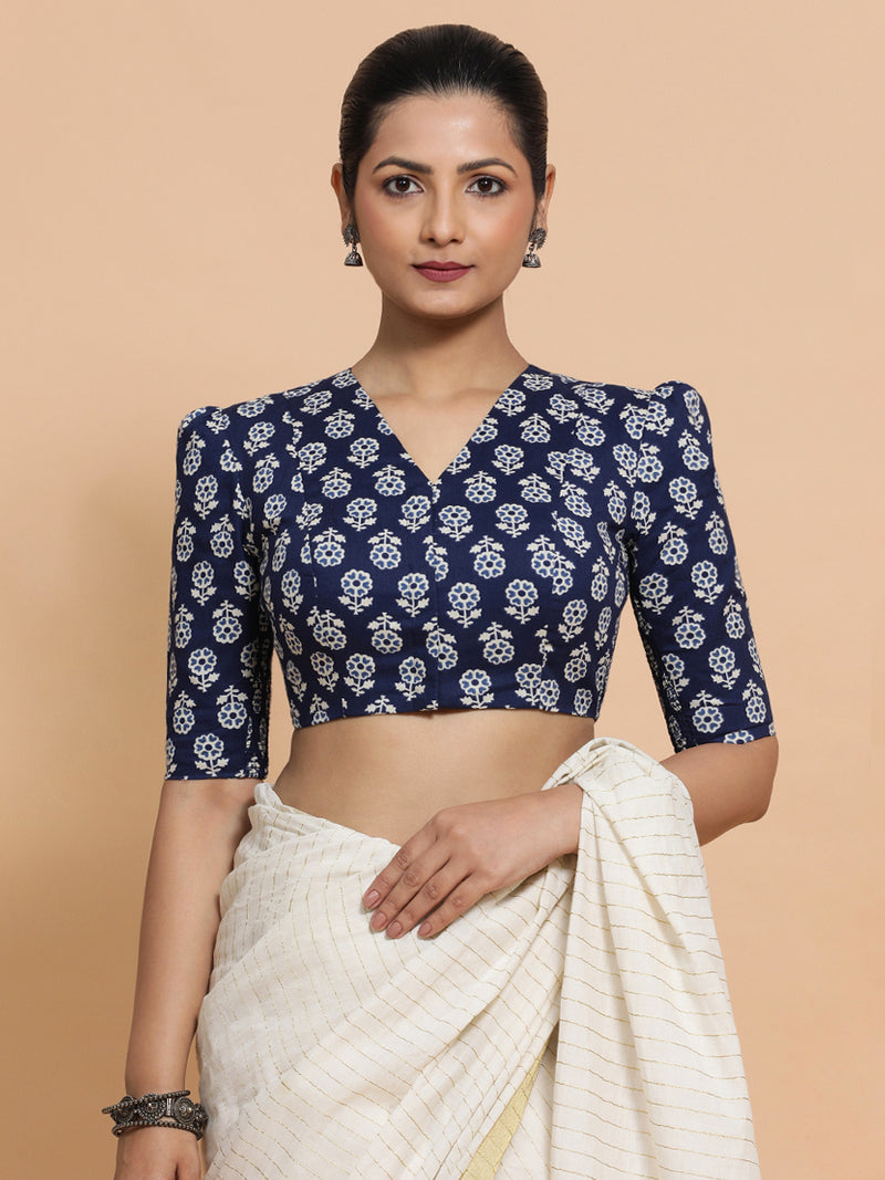 Ujwala x Rozaana | Elbow Sleeves Cotton Saree Blouse in Indigo Blue Flower Block Print Fabric-Binks