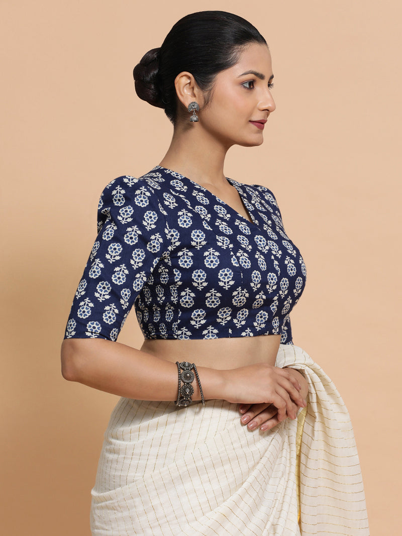 Ujwala x Rozaana | Elbow Sleeves Cotton Saree Blouse in Indigo Blue Flower Block Print Fabric-Binks