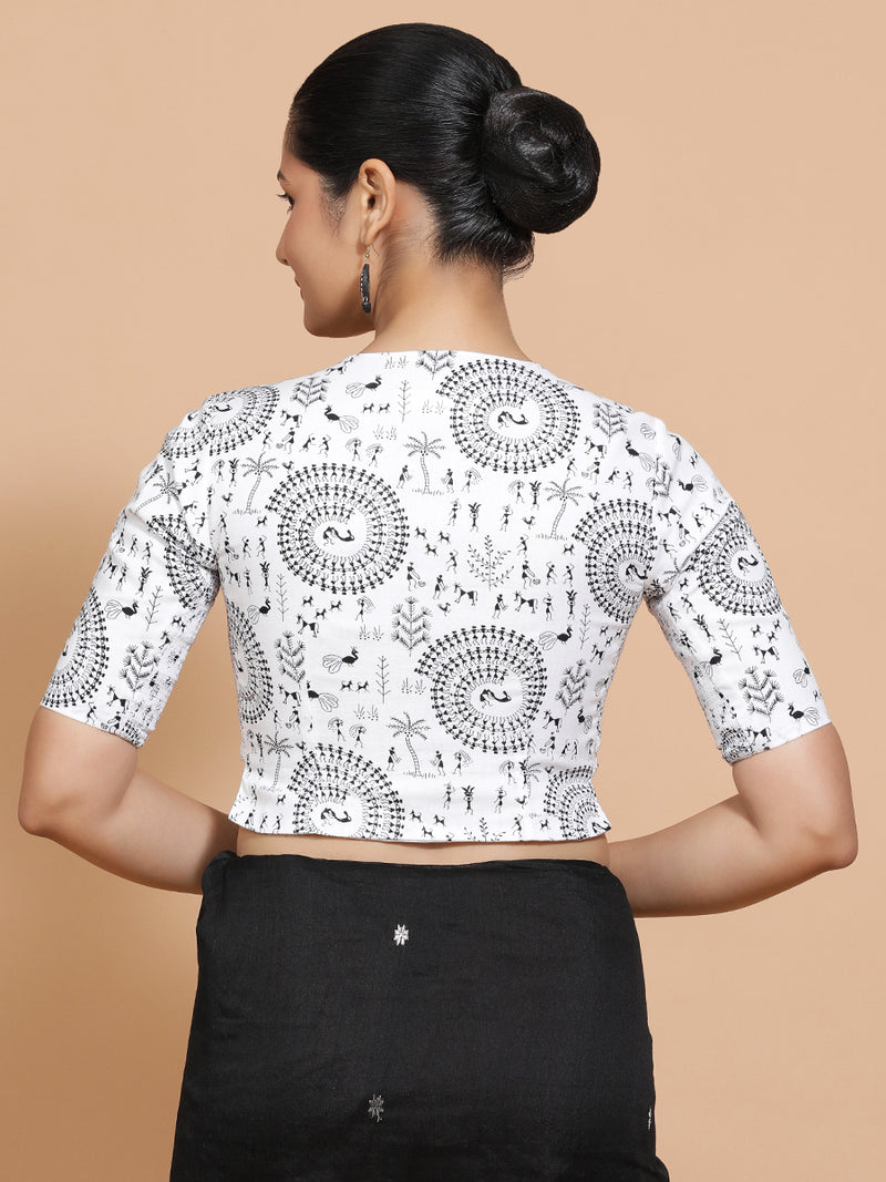 Umika x Rozaana | Elbow Sleeves Cotton Saree Blouse in White Warli Print Fabric-Binks