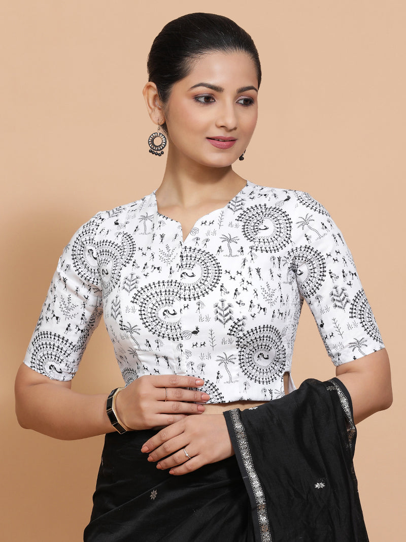 Umika x Rozaana | Elbow Sleeves Cotton Saree Blouse in White Warli Print Fabric-Binks