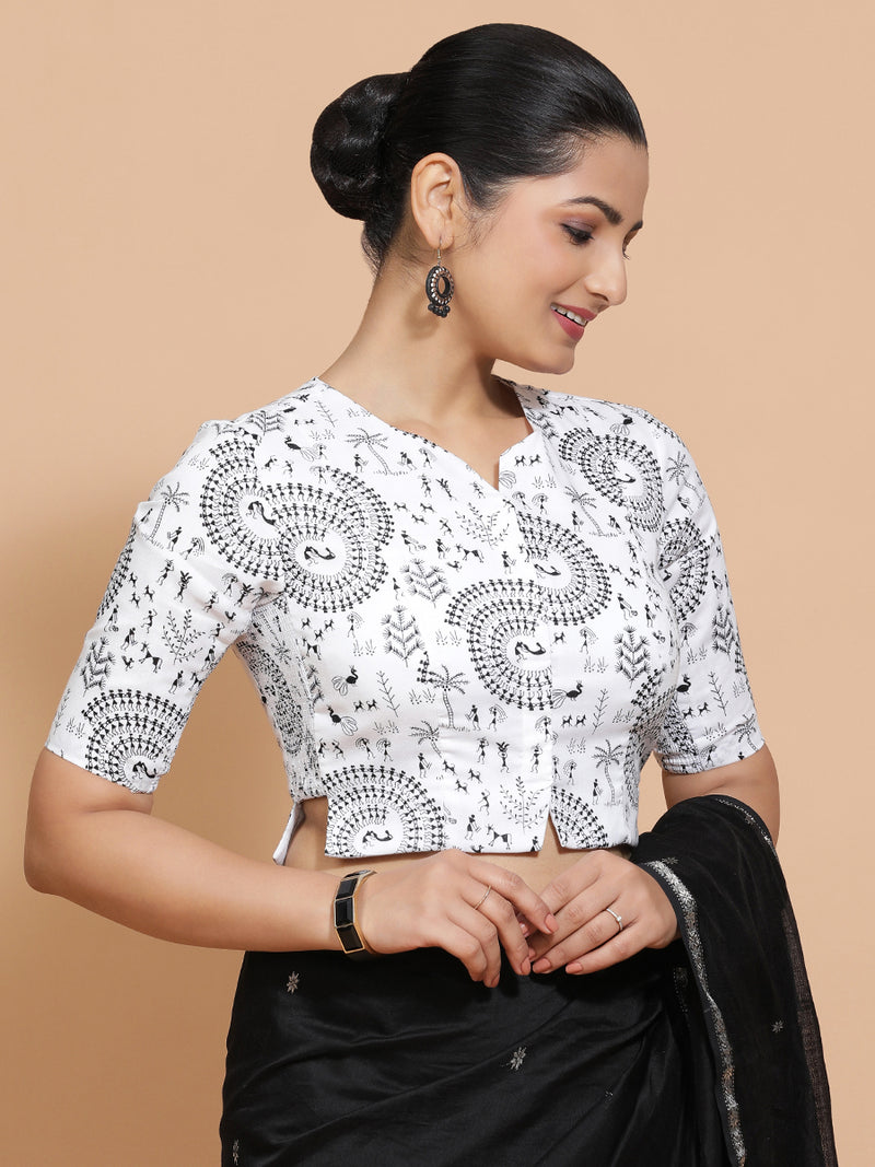 Umika x Rozaana | Elbow Sleeves Cotton Saree Blouse in White Warli Print Fabric-Binks