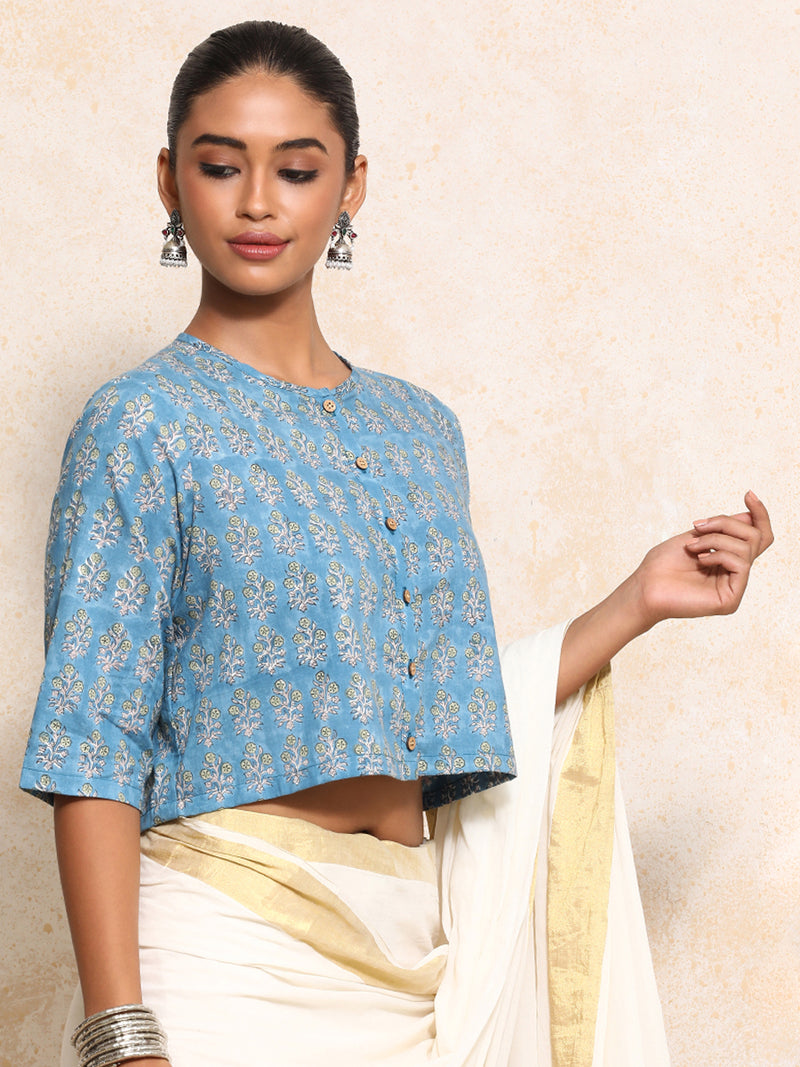 Unnati x Rozaana | Elbow Sleeves Saree Blouse in Blue Garden Block Print Cotton-Binks