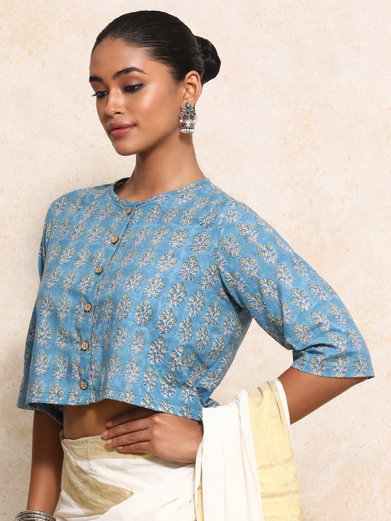 Unnati x Rozaana | Elbow Sleeves Saree Blouse in Blue Garden Block Print Cotton-Binks