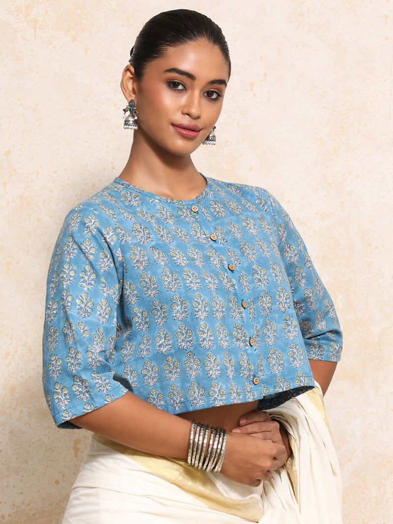 Unnati x Rozaana | Elbow Sleeves Saree Blouse in Blue Garden Block Print Cotton-Binks