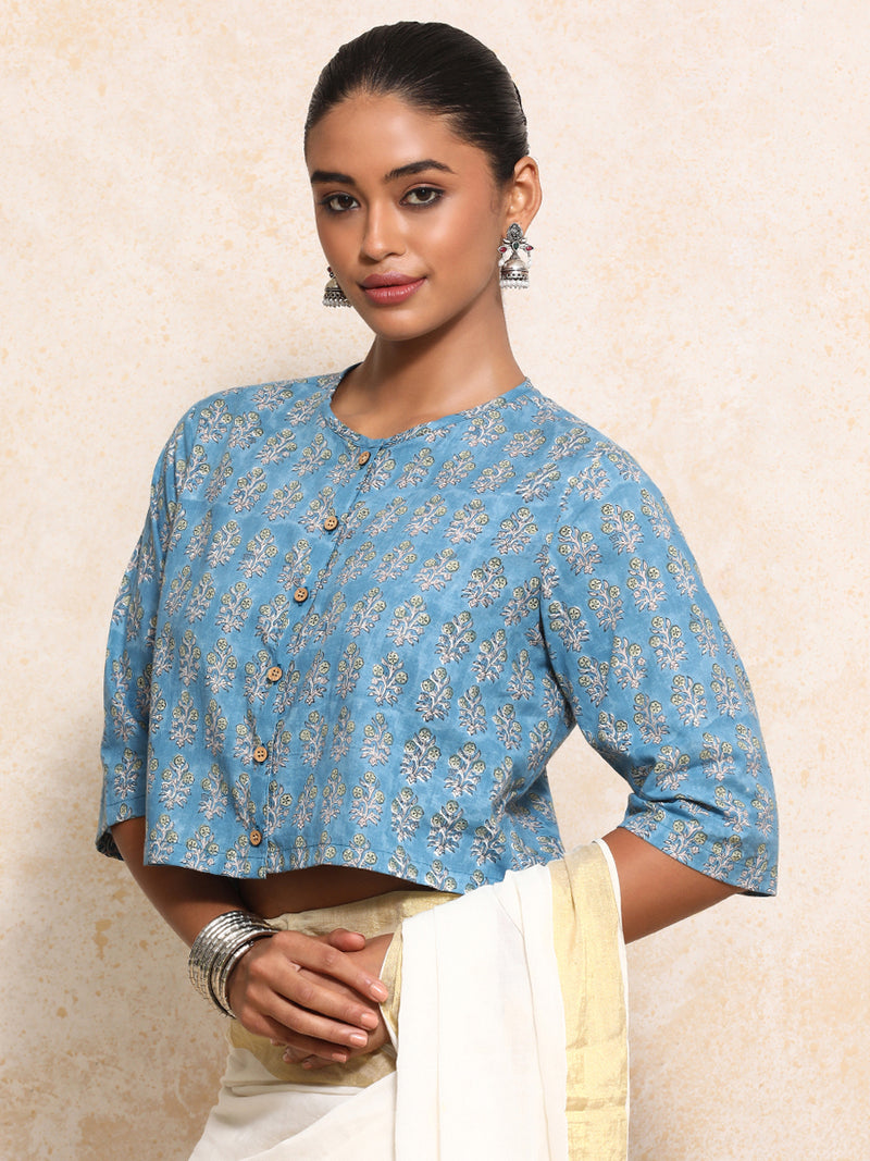 Unnati x Rozaana | Elbow Sleeves Saree Blouse in Blue Garden Block Print Cotton-Binks