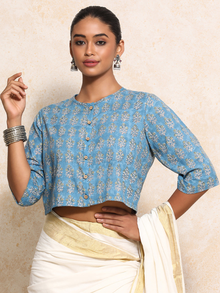 Unnati x Rozaana Saree Blouse, in Blue 100% Cotton - Block Printed, featuring elbow sleeves and jewel neckline (view 5).