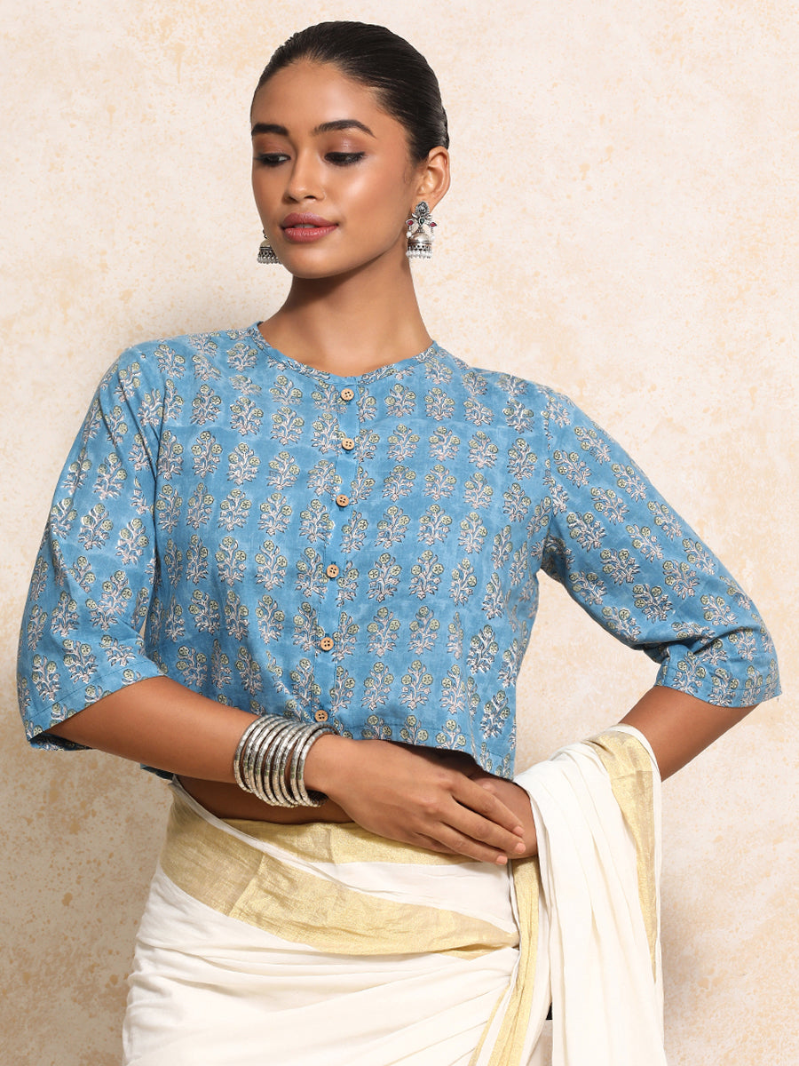 Unnati x Rozaana Saree Blouse, in Blue 100% Cotton - Block Printed, featuring elbow sleeves and jewel neckline (view 6).