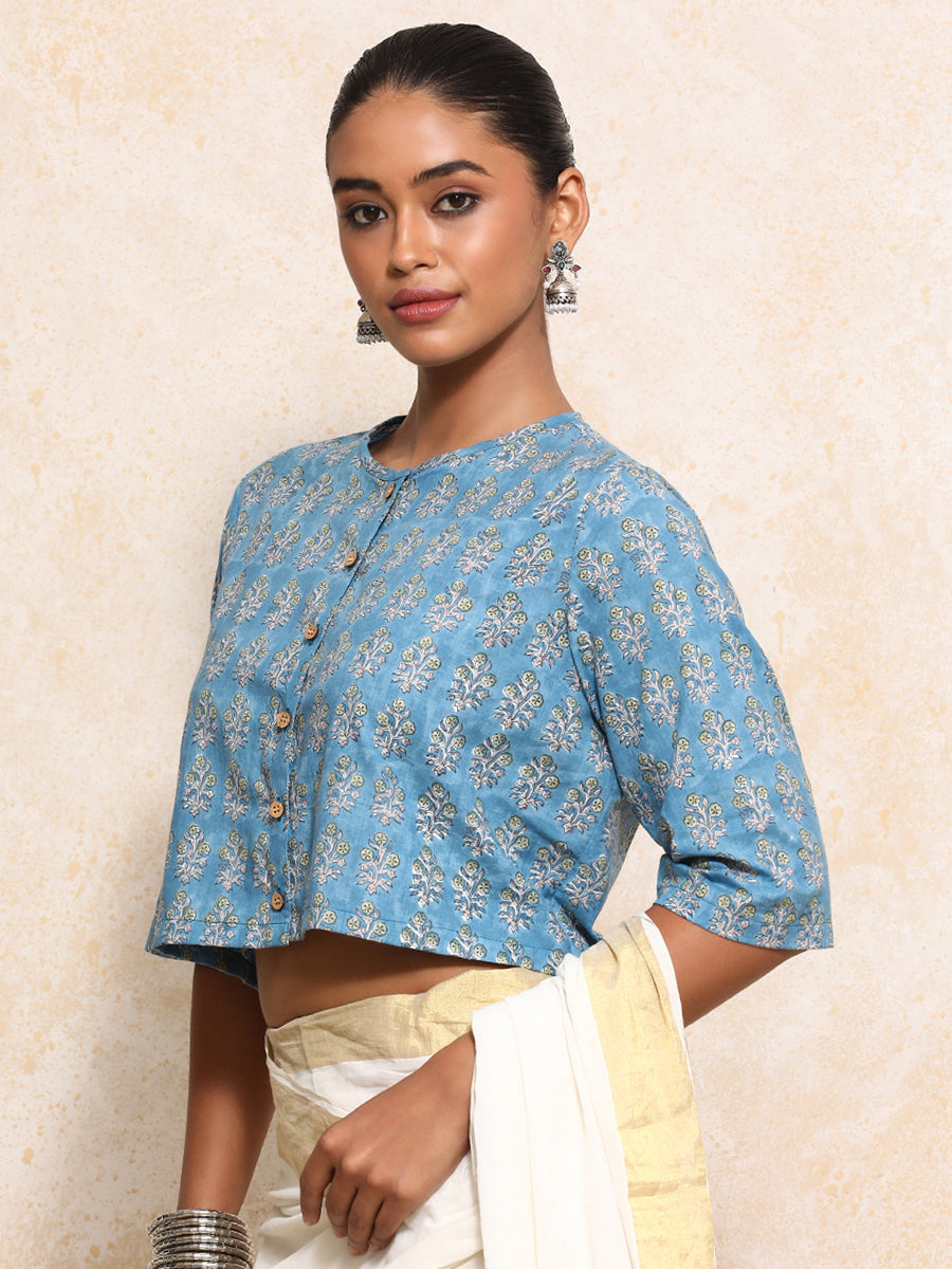 Unnati x Rozaana Saree Blouse, in Blue 100% Cotton - Block Printed, featuring elbow sleeves and jewel neckline (view 8).