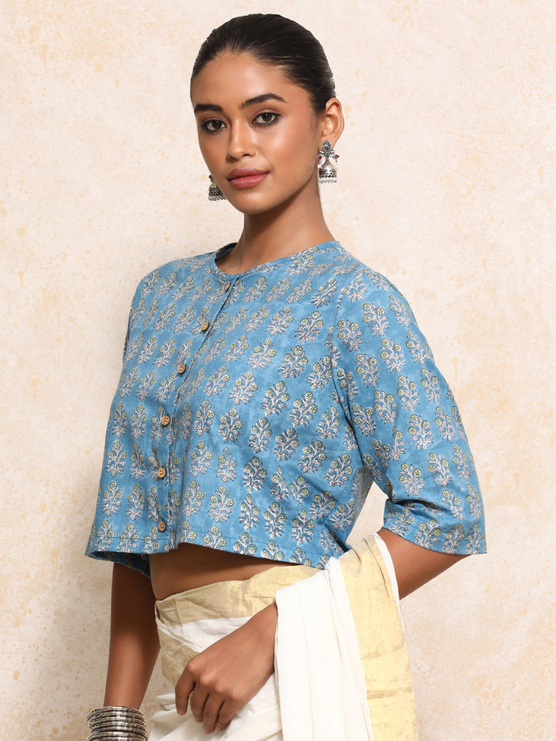Unnati x Rozaana | Elbow Sleeves Saree Blouse in Blue Garden Block Print Cotton-Binks
