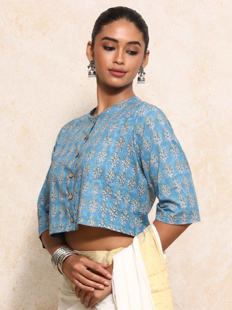 Unnati x Rozaana | Elbow Sleeves Saree Blouse in Blue Garden Block Print Cotton-Binks