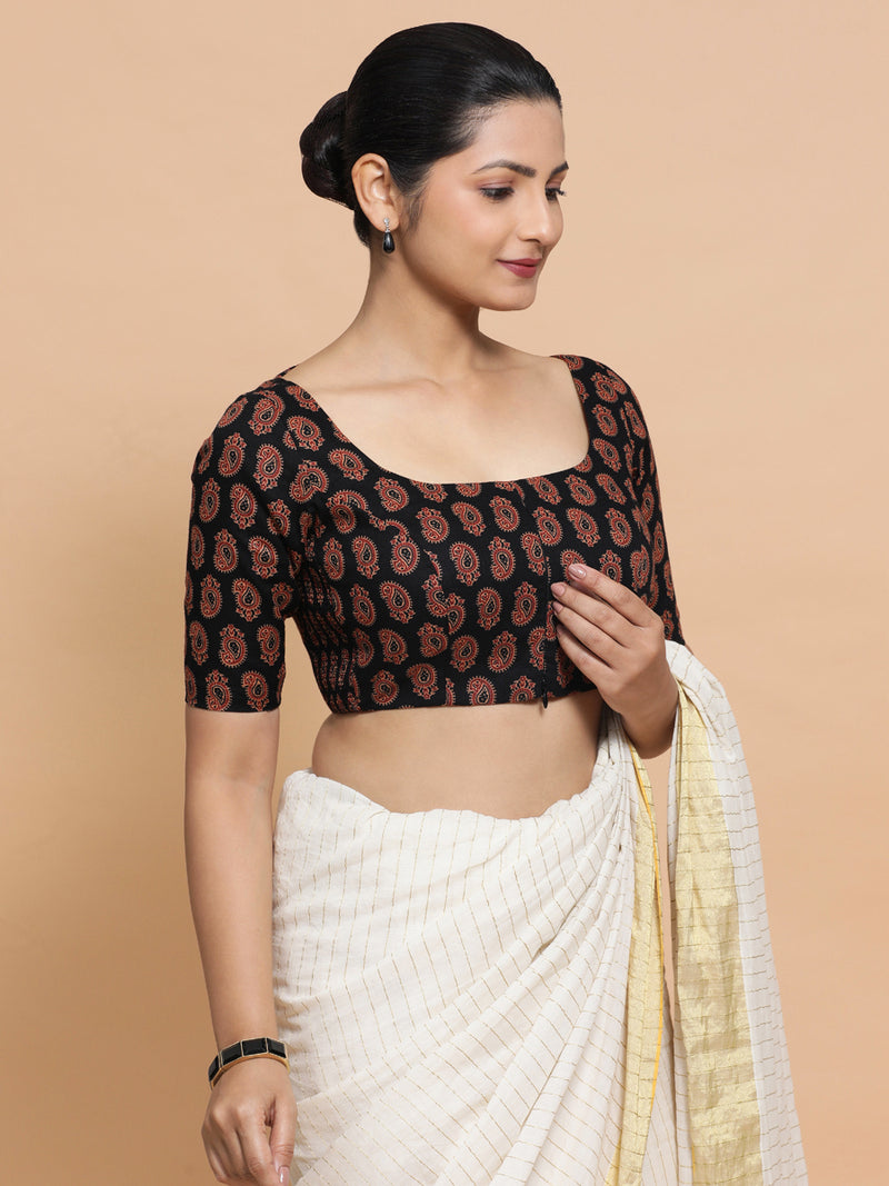 Upasana x Rozaana | Elbow Sleeves Cotton Saree Blouse in Black Mango Block Print Fabric-Binks