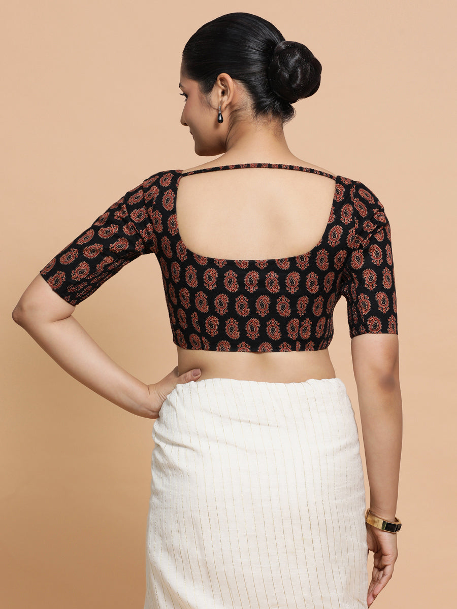 Upasana x Rozaana Saree Blouse, in Black Cotton, featuring elbow sleeves and scoop neckline, made for daily & work (view 2).