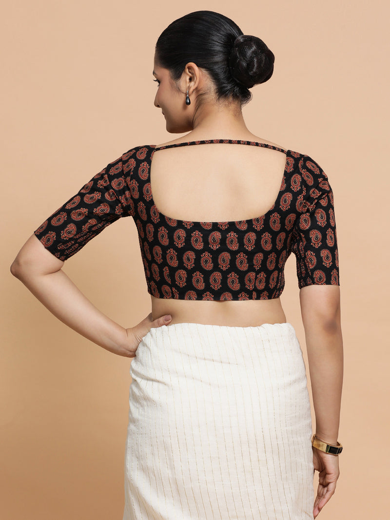 Upasana x Rozaana | Elbow Sleeves Cotton Saree Blouse in Black Mango Block Print Fabric-Binks