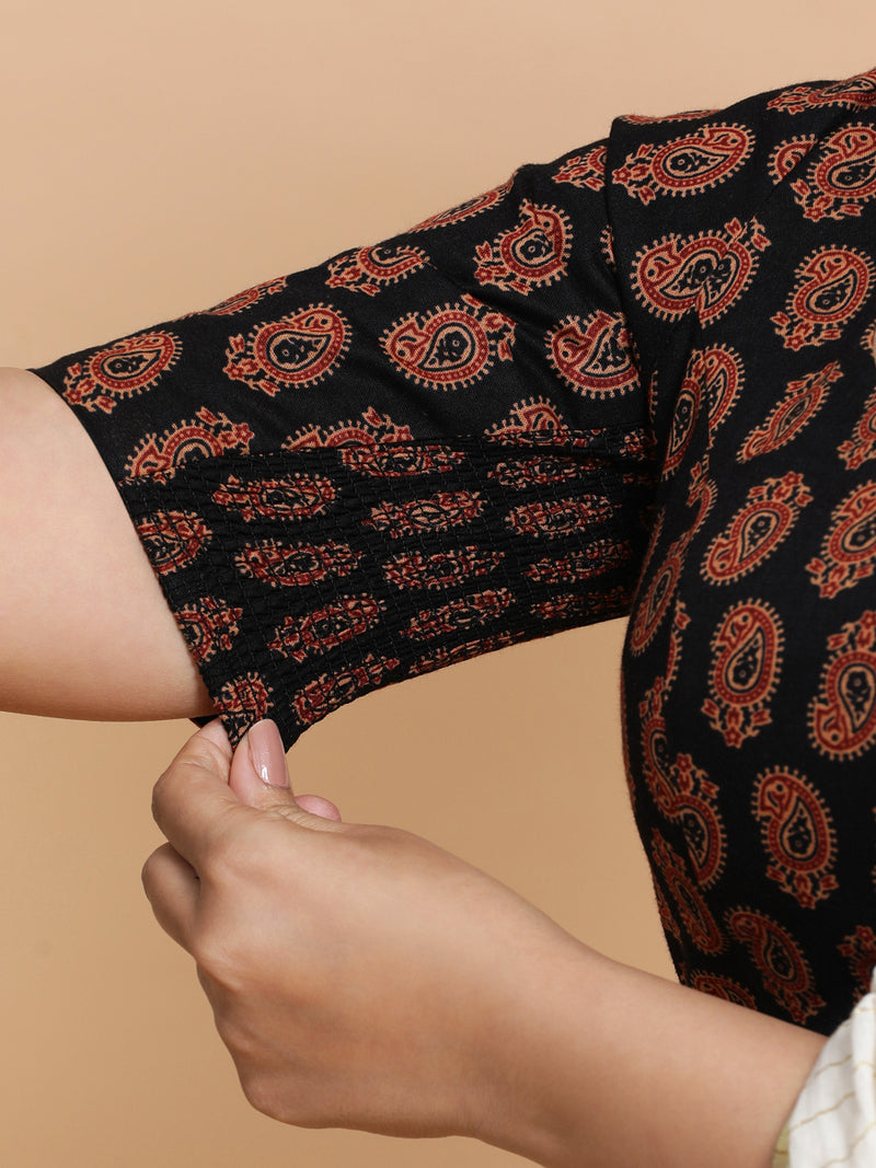 Upasana x Rozaana | Elbow Sleeves Cotton Saree Blouse in Black Mango Block Print Fabric-Binks
