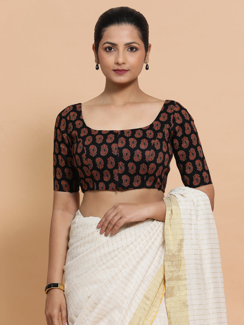 Upasana x Rozaana | Elbow Sleeves Cotton Saree Blouse in Black Mango Block Print Fabric-Binks