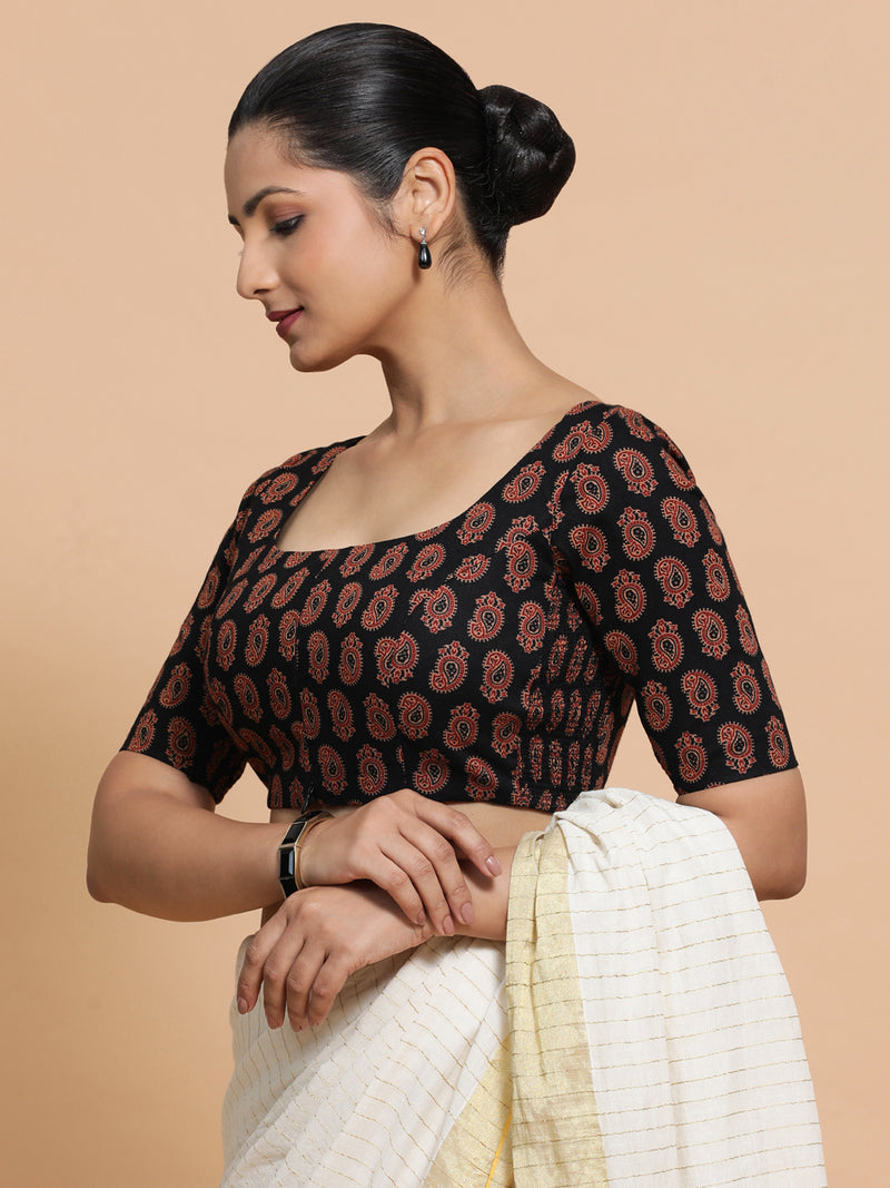 Upasana x Rozaana | Elbow Sleeves Cotton Saree Blouse in Black Mango Block Print Fabric-Binks