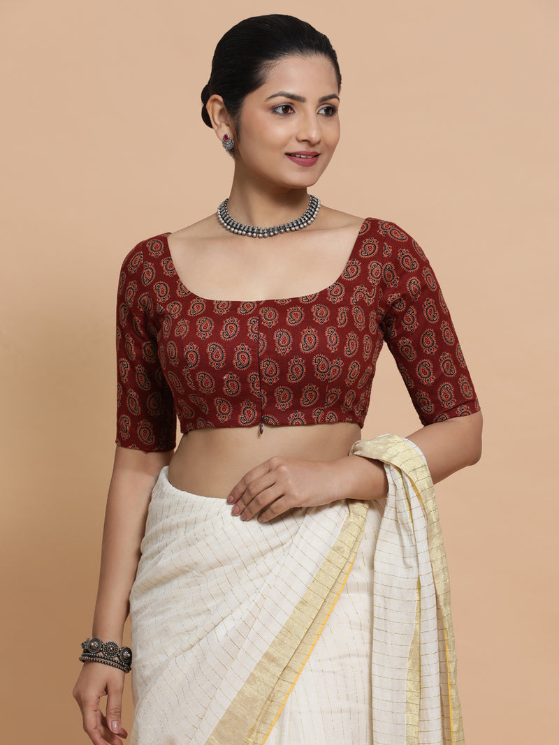 Upasana x Rozaana | Elbow Sleeves Cotton Saree Blouse in Red Mango Block Print Fabric-Binks