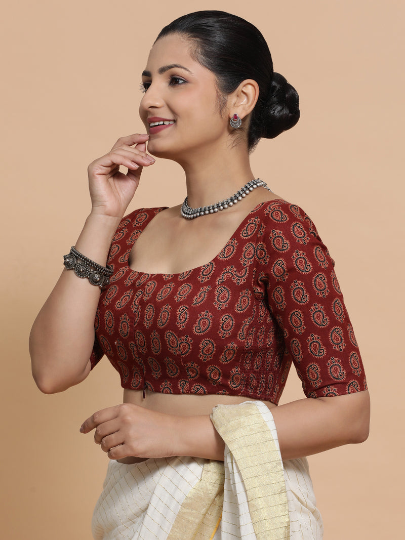 Upasana x Rozaana | Elbow Sleeves Cotton Saree Blouse in Red Mango Block Print Fabric-Binks