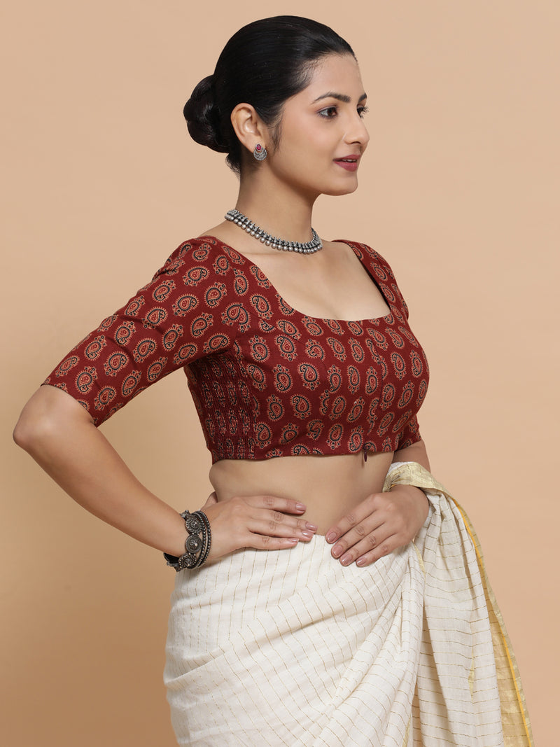 Upasana x Rozaana | Elbow Sleeves Cotton Saree Blouse in Red Mango Block Print Fabric-Binks