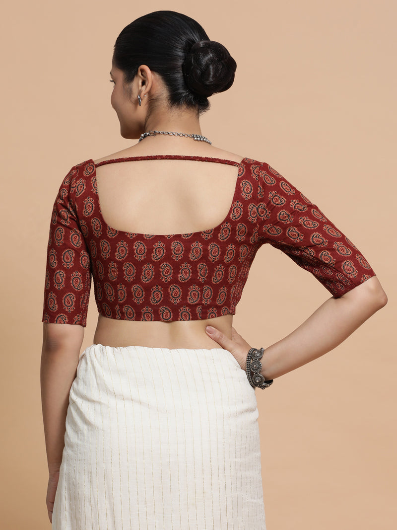 Upasana x Rozaana | Elbow Sleeves Cotton Saree Blouse in Red Mango Block Print Fabric-Binks