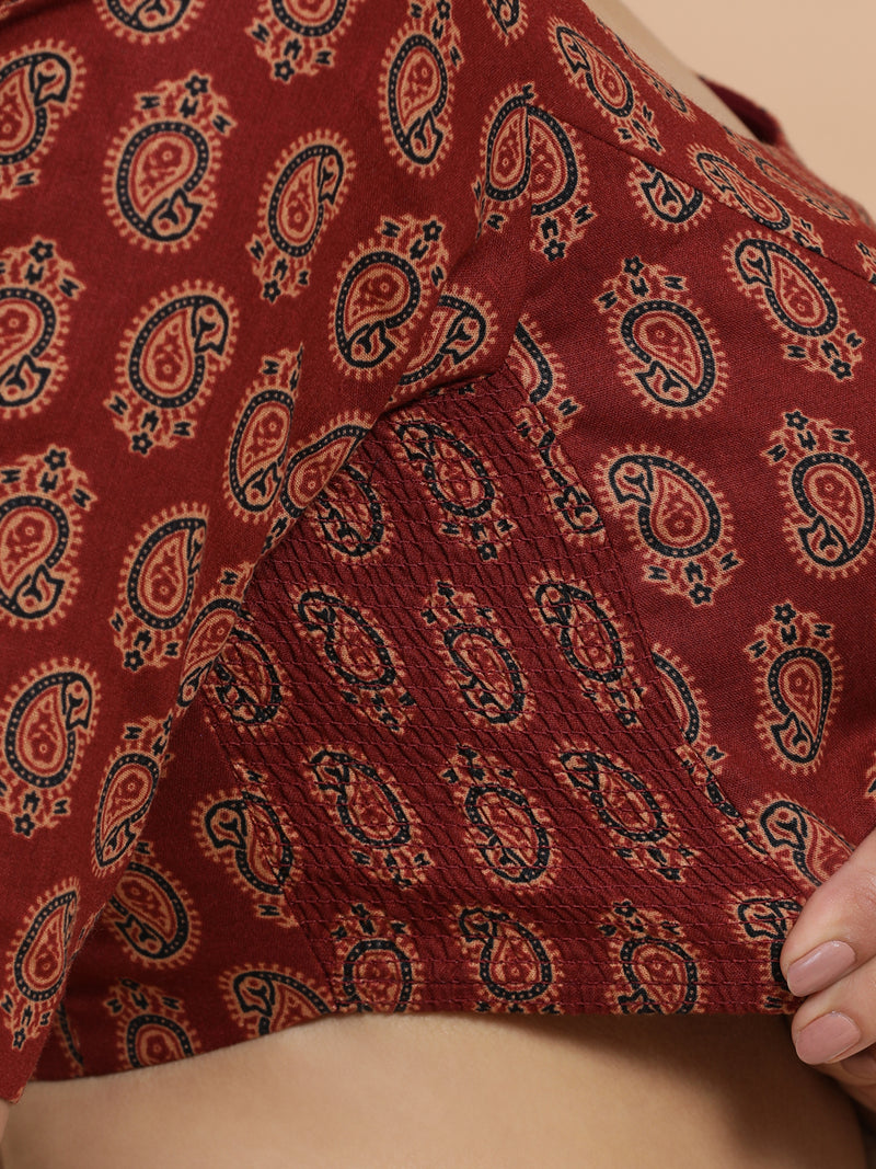 Upasana x Rozaana | Elbow Sleeves Cotton Saree Blouse in Red Mango Block Print Fabric-Binks