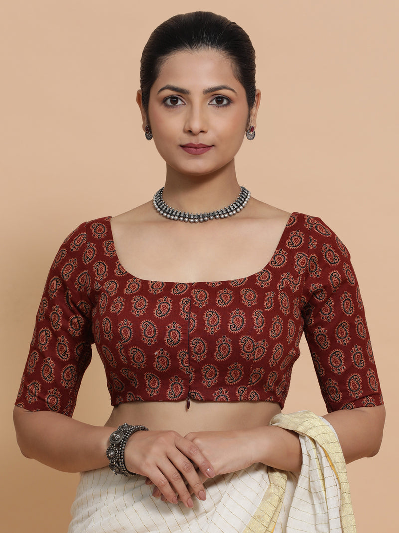 Upasana x Rozaana | Elbow Sleeves Cotton Saree Blouse in Red Mango Block Print Fabric-Binks