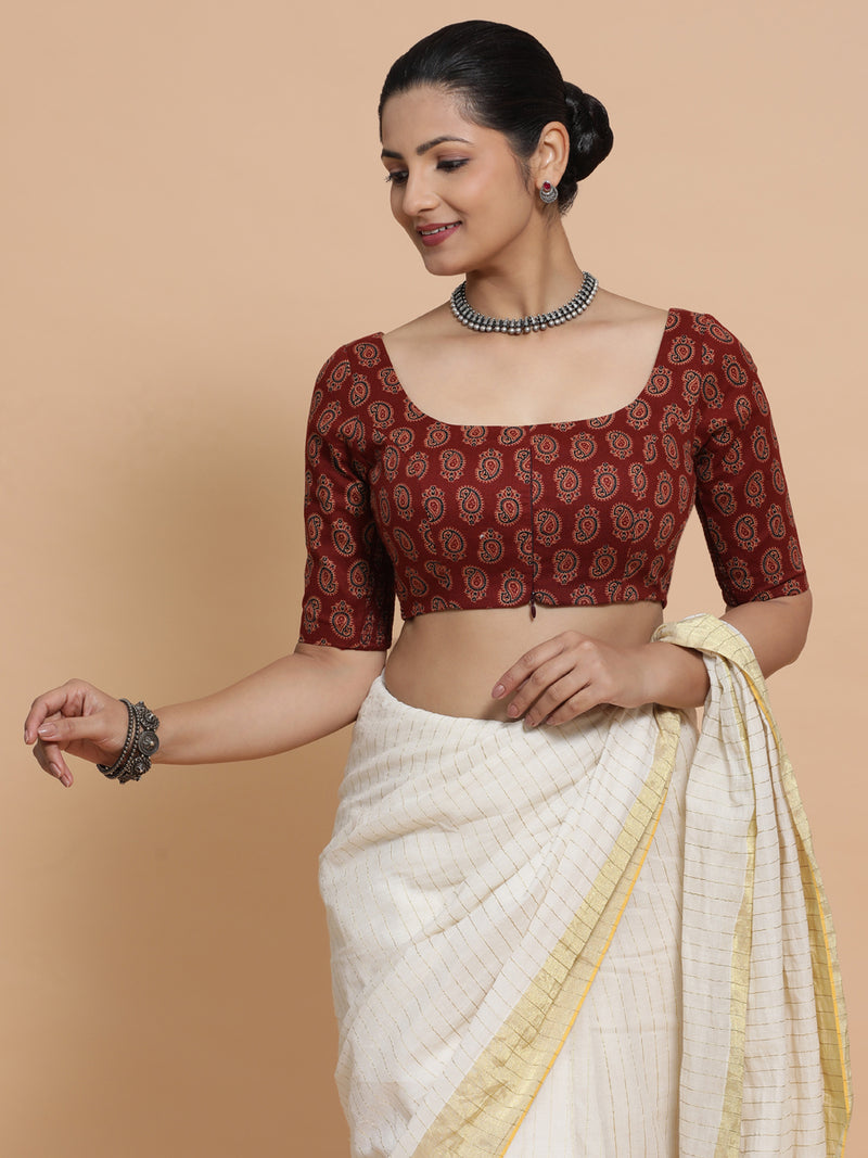 Upasana x Rozaana | Elbow Sleeves Cotton Saree Blouse in Red Mango Block Print Fabric-Binks