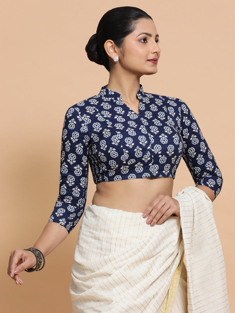 Ura x Rozaana | Three Quarter Sleeves Cotton Saree Blouse in Indigo Blue Flower Block Print Fabric-Binks