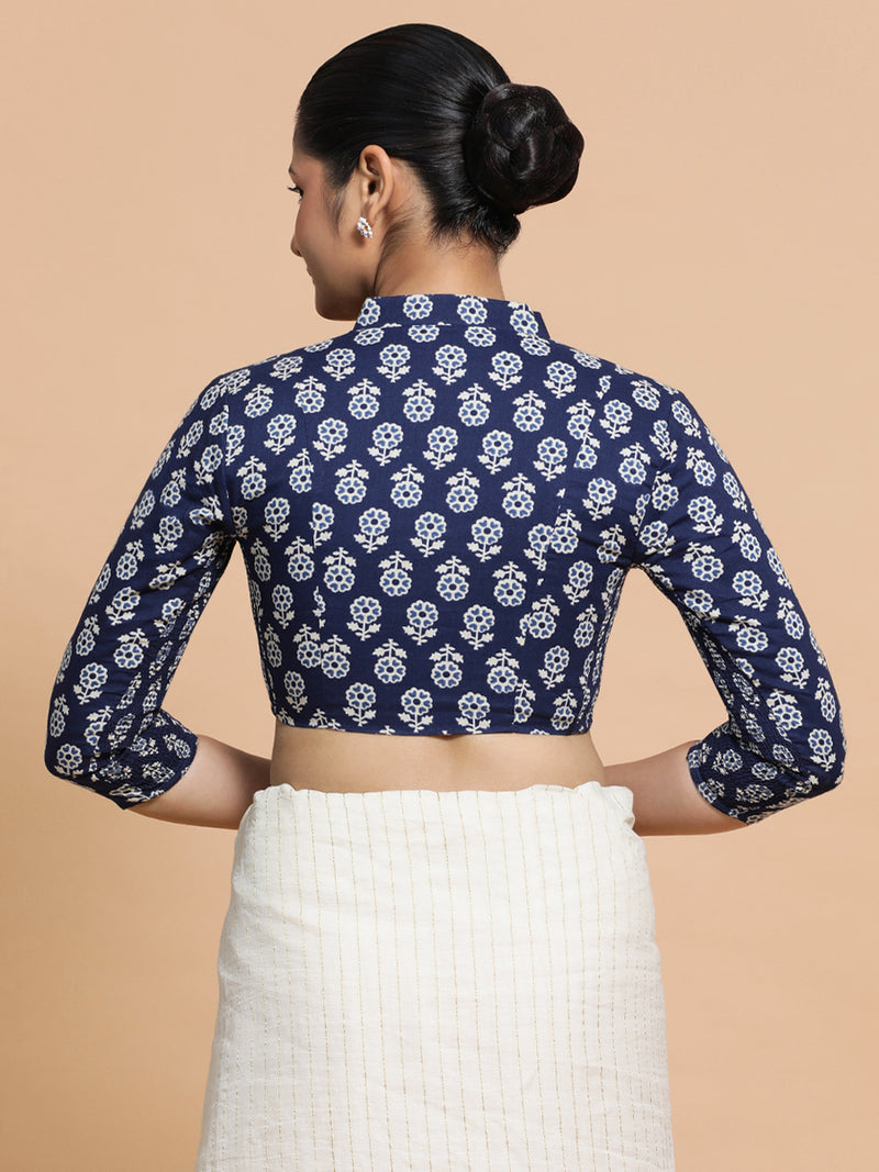 Ura x Rozaana | Three Quarter Sleeves Cotton Saree Blouse in Indigo Blue Flower Block Print Fabric-Binks