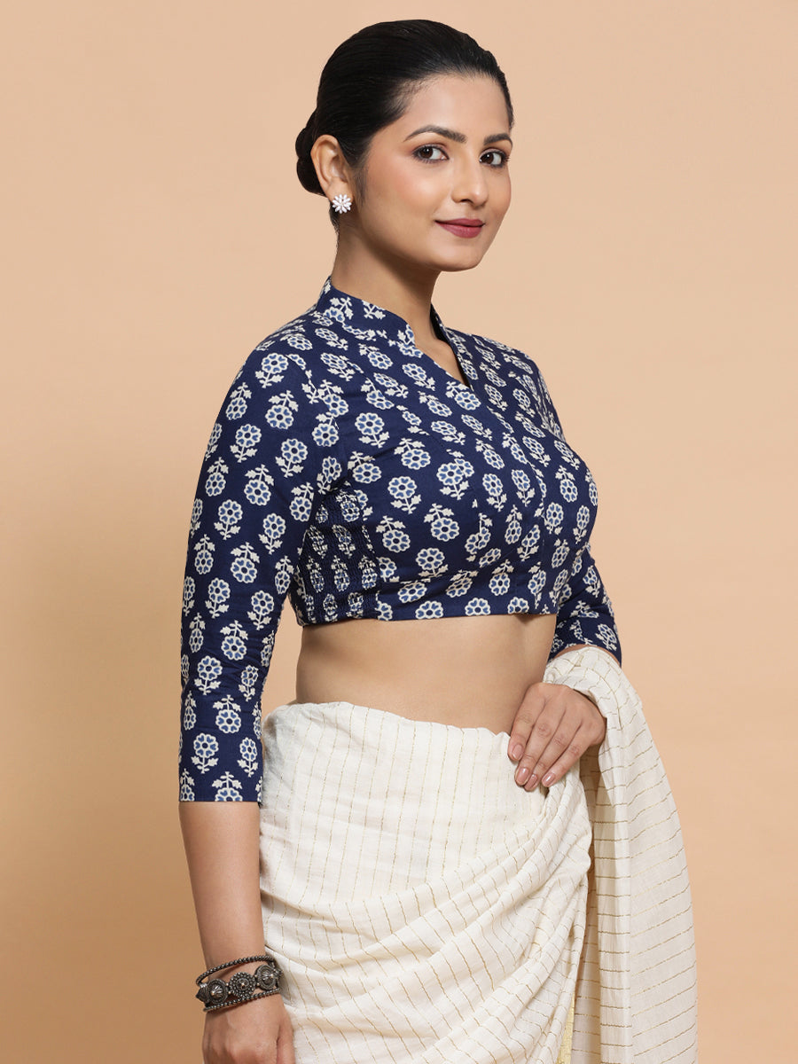 Ura x Rozaana Saree Blouse, in Blue Cotton, featuring three quarter sleeves and mandarin collar neckline (view 5).