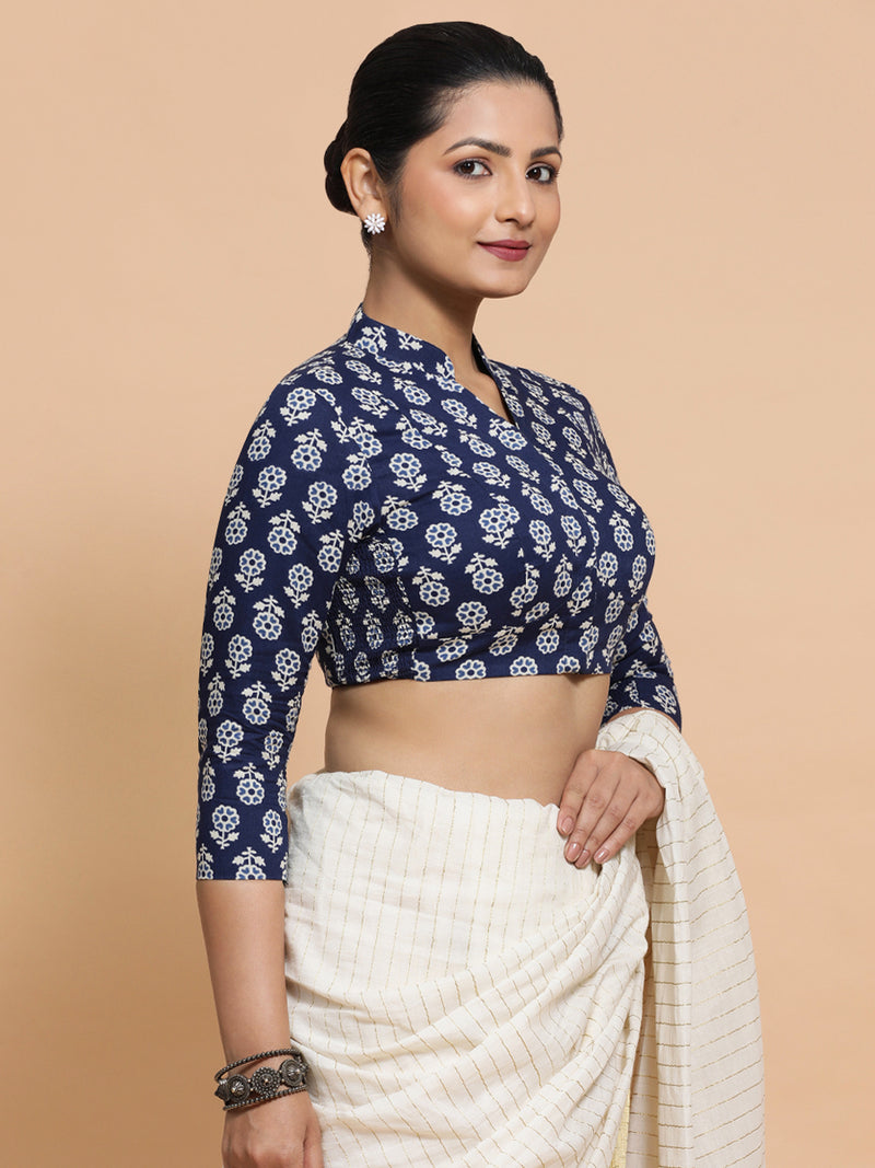 Ura x Rozaana | Three Quarter Sleeves Cotton Saree Blouse in Indigo Blue Flower Block Print Fabric-Binks
