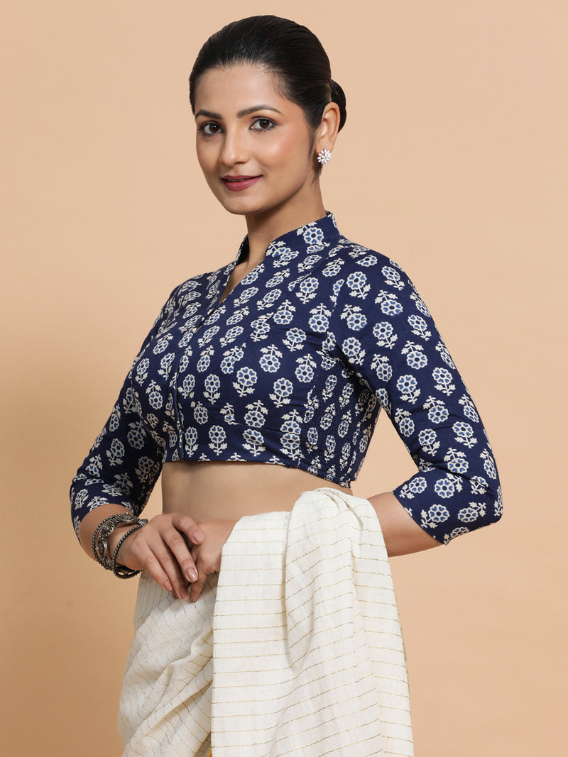 Ura x Rozaana | Three Quarter Sleeves Cotton Saree Blouse in Indigo Blue Flower Block Print Fabric-Binks