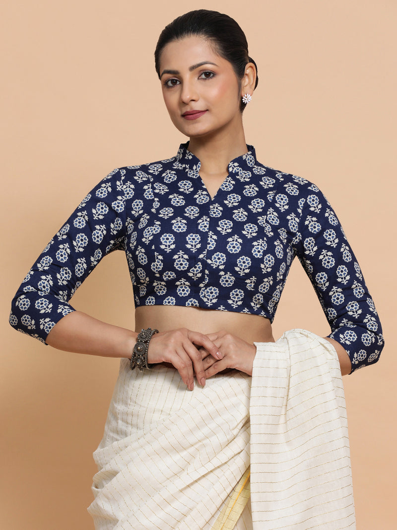 Ura x Rozaana | Three Quarter Sleeves Cotton Saree Blouse in Indigo Blue Flower Block Print Fabric-Binks
