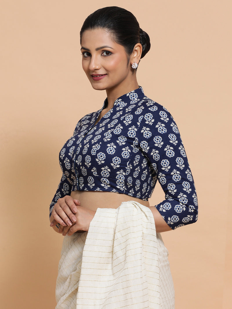 Ura x Rozaana | Three Quarter Sleeves Cotton Saree Blouse in Indigo Blue Flower Block Print Fabric-Binks