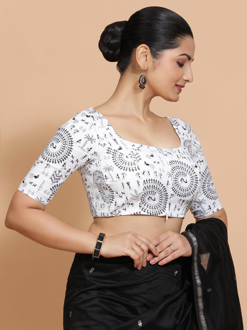 Usha x Rozaana | Elbow Sleeves Cotton Saree Blouse in White Warli Print Fabric-Binks