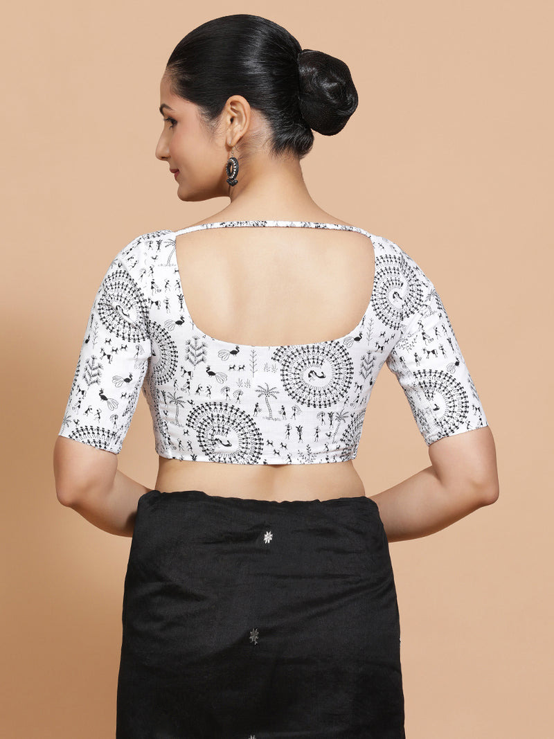 Usha x Rozaana | Elbow Sleeves Cotton Saree Blouse in White Warli Print Fabric-Binks