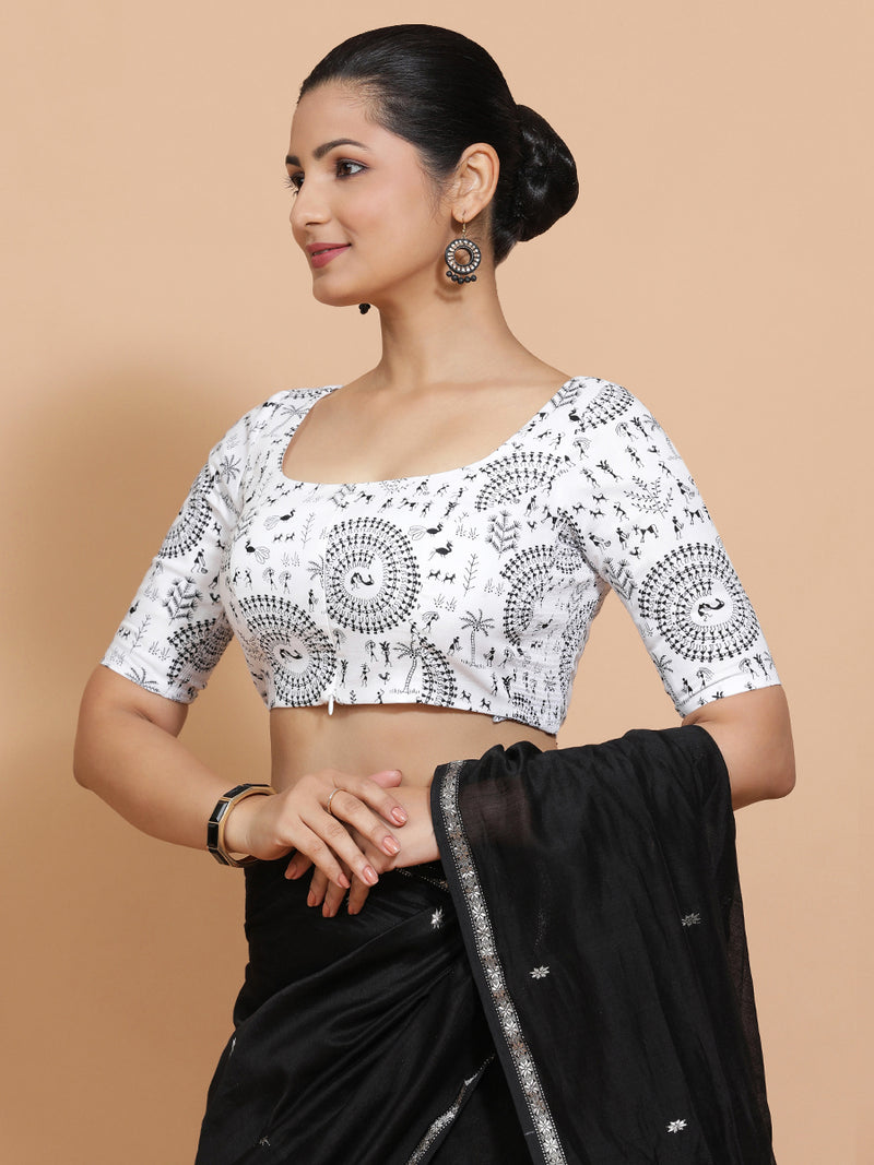 Usha x Rozaana | Elbow Sleeves Cotton Saree Blouse in White Warli Print Fabric-Binks