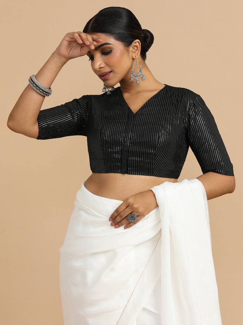 Utsa x Rozaana | Elbow Sleeves Saree Blouse in Black Silver Stripe Cotton-Binks