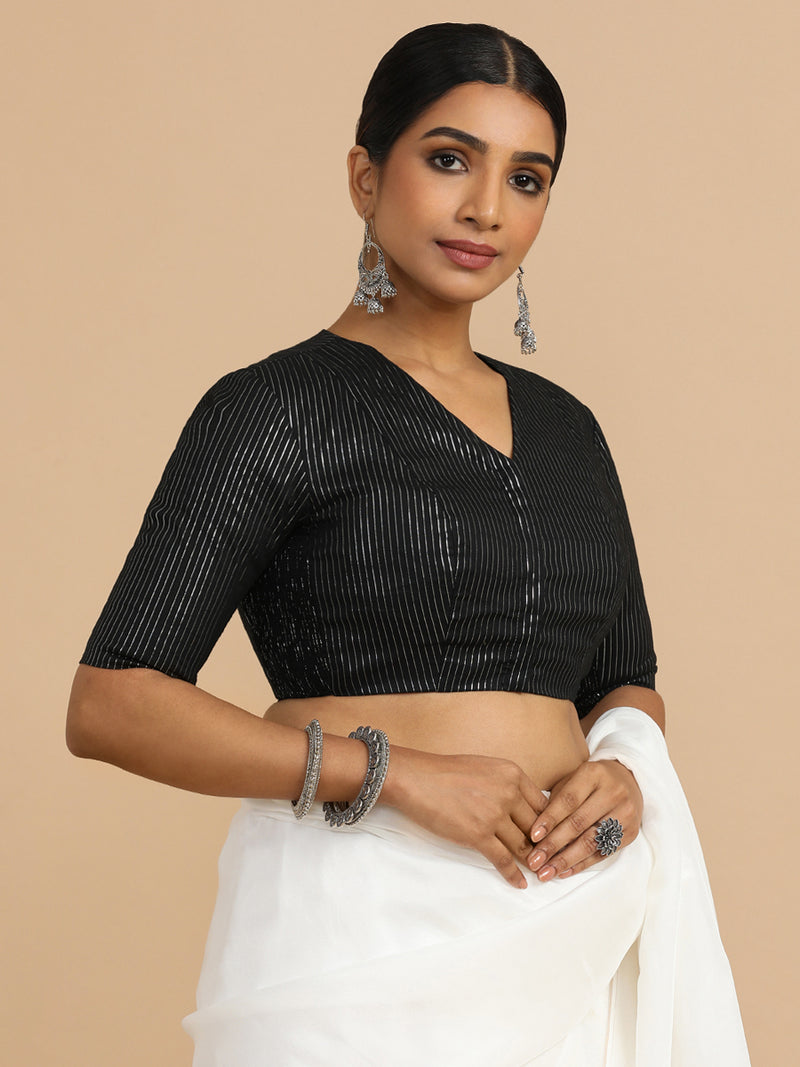 Utsa x Rozaana | Elbow Sleeves Saree Blouse in Black Silver Stripe Cotton-Binks