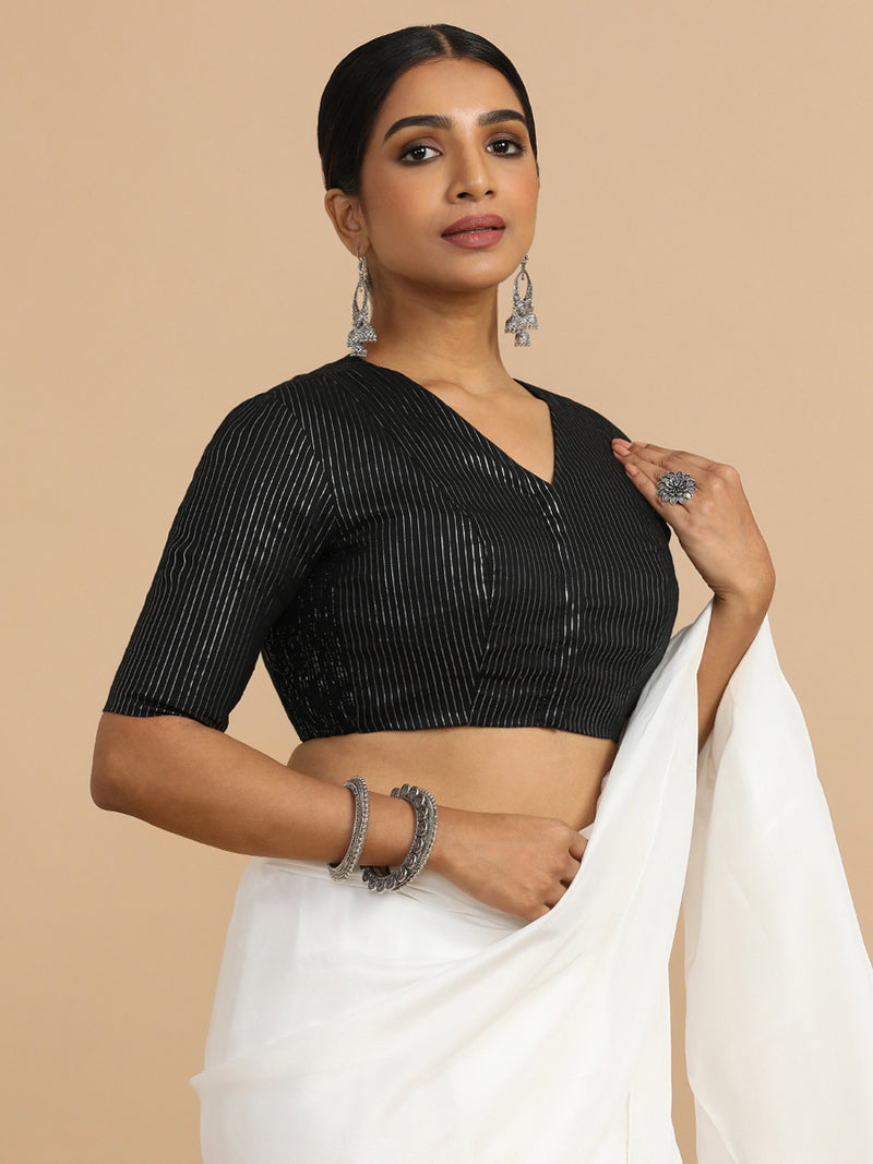 Utsa x Rozaana | Elbow Sleeves Saree Blouse in Black Silver Stripe Cotton-Binks