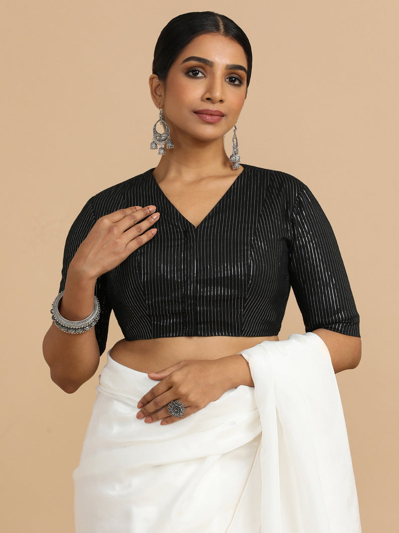 Utsa x Rozaana | Elbow Sleeves Saree Blouse in Black Silver Stripe Cotton-Binks