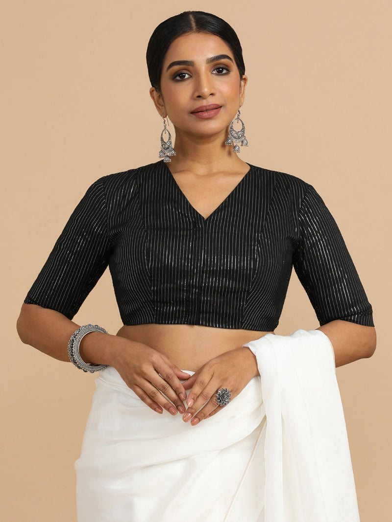 Utsa x Rozaana | Elbow Sleeves Saree Blouse in Black Silver Stripe Cotton-Binks
