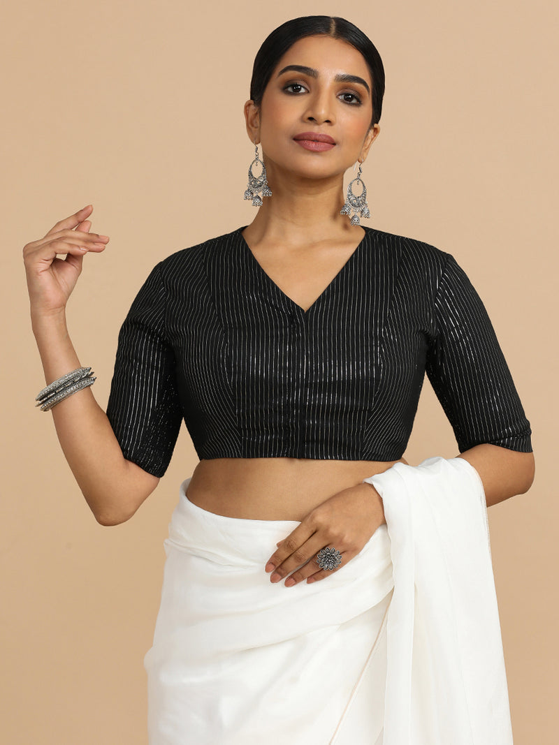 Utsa x Rozaana | Elbow Sleeves Saree Blouse in Black Silver Stripe Cotton-Binks