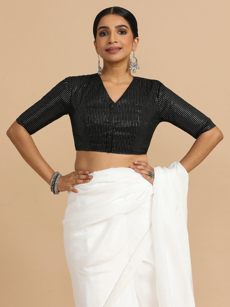 Utsa x Rozaana | Elbow Sleeves Saree Blouse in Black Silver Stripe Cotton-Binks