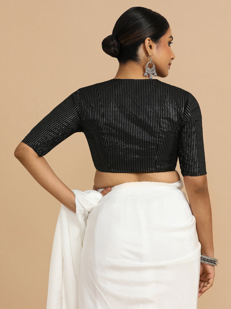 Utsa x Rozaana Saree Blouse, in Black 100% Cotton & Lurex, featuring elbow sleeves and v-neckline, made for party & festive.