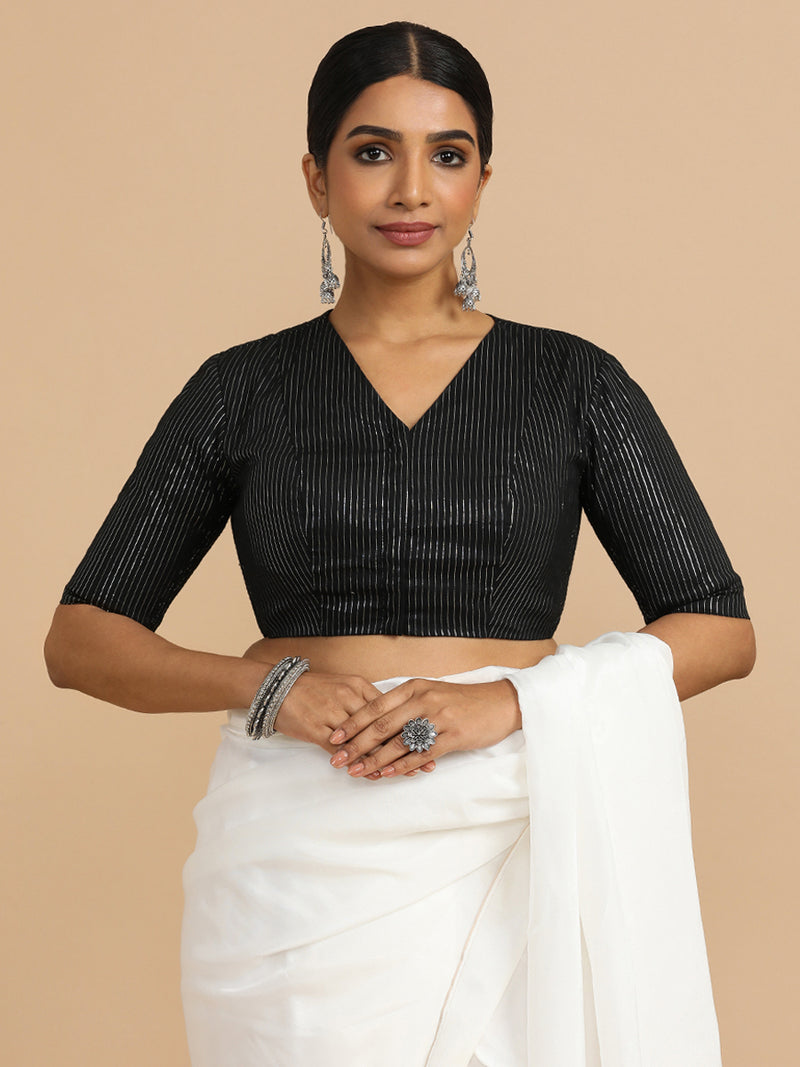 Utsa x Rozaana | Elbow Sleeves Saree Blouse in Black Silver Stripe Cotton-Binks